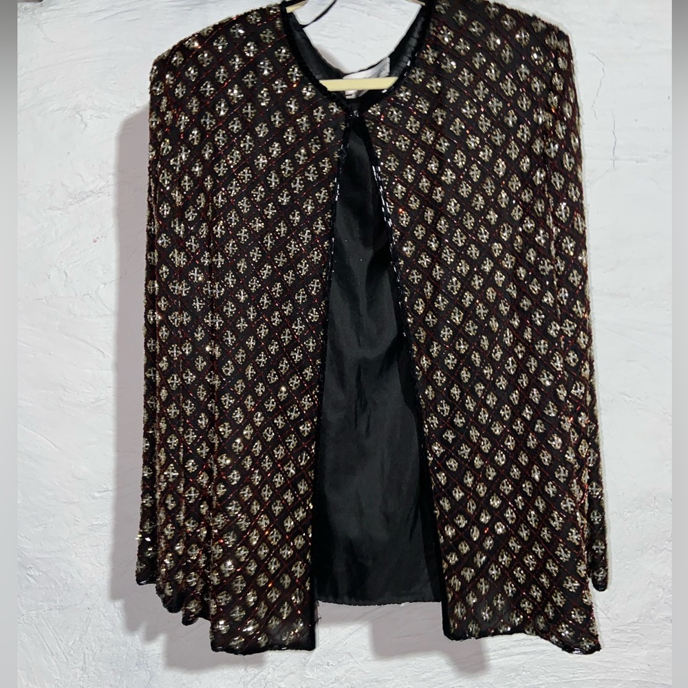 Vintage 100% Silk Beaded Christmas Holiday Party Festive Cardigan Blazer (L)